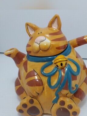 Orange Cat Ceramic Teapot Blue Sky Clayworks By Heather Goldminc Artist